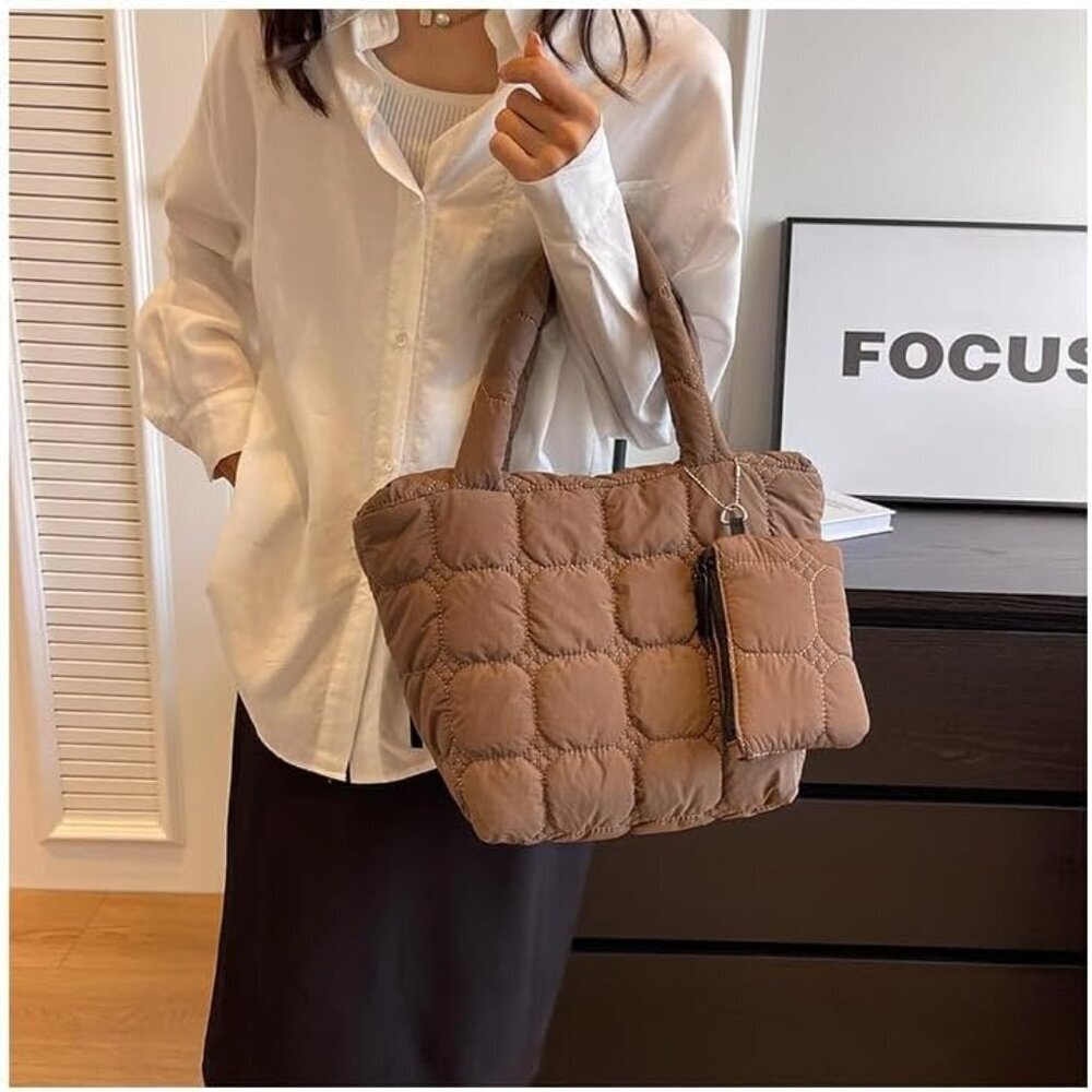 Women’s Quilted Nylon Tote Small Puffer Handbag with Wallet Multi-Use - Picture 3 of 7